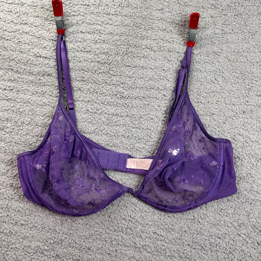 Victoria's Secret Bra Floral Mesh Purple 36C Vintage 2001 Y2K Fairycore Romantic
